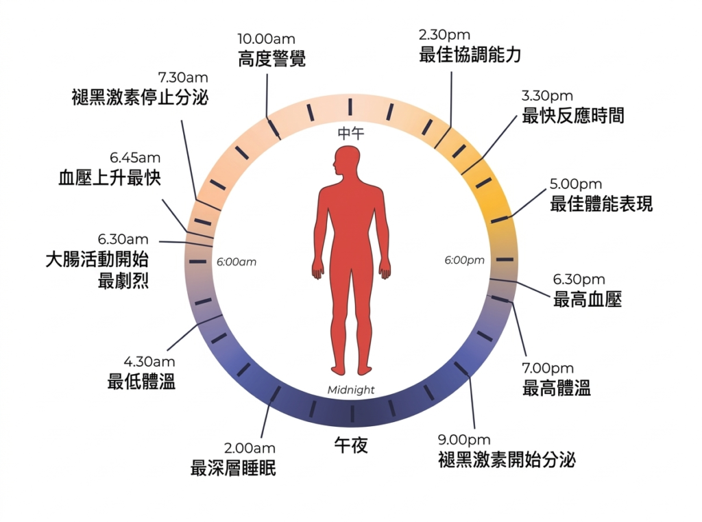 我們體內並非只有一個生理時鐘，而是有數兆個生理時鐘遍布全身。中央生理時鐘位於大腦的下丘腦區域，而每個器官中的每個細胞都有自己的生理時鐘。這些生理時鐘協同工作，幫助我們適應晝夜交替的循環，使身體機能與時間同步。