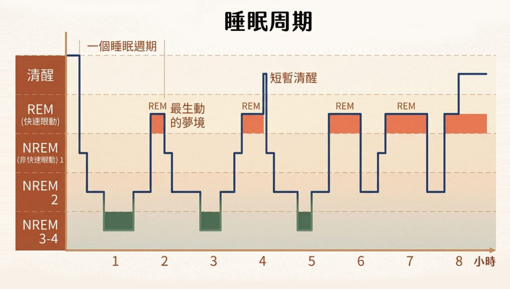 睡眠周期：圖中深藍色線條像階梯一樣上下波動，代表我們在一個晚上會經歷 4 到 6 次這樣的循環。你可以注意到，深層睡眠 (NREM 3-4) 主要集中在前半夜（圖表左側）；而到了後半夜，線條會更頻繁地在 REM 與淺眠區間波動，代表夢境時間變長，睡眠變深的時間則減少。線條越往下方走，代表睡眠深度越深，意識與外界的連結越弱。